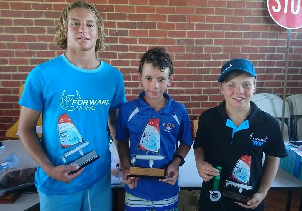 Title Winners - (Left) Jack Challands 2nd , (Centre) Travis Wadley 1st , (right) Conall Green 3rd  - 2017 Forward Sailing Victorian O’pen BIC Cup © David Rosheen Green